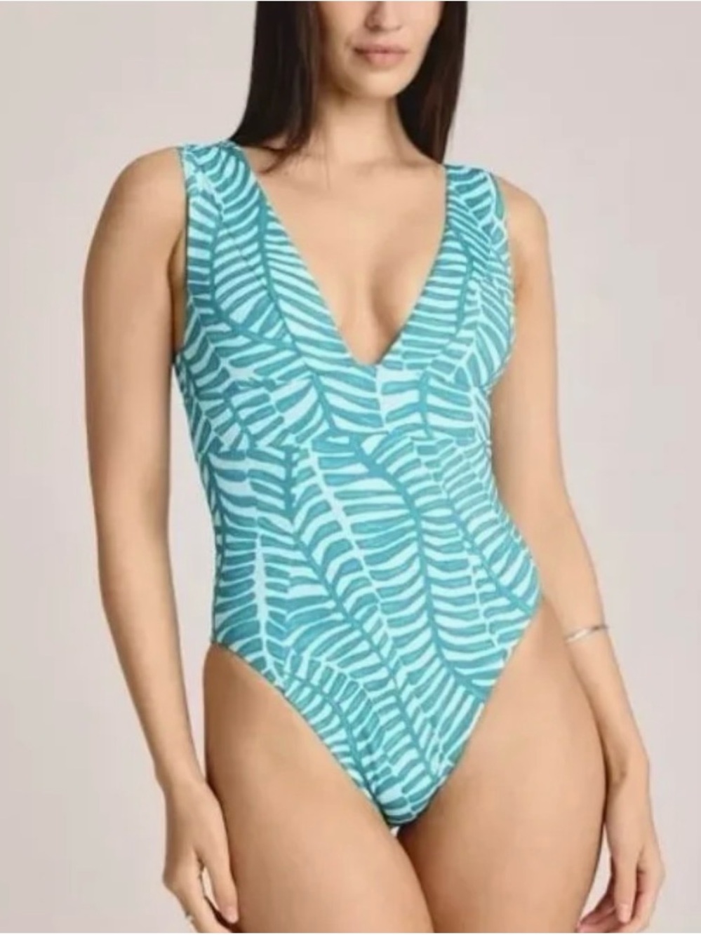 Turquoise Leaf-Print V-Neck One-Piece Swimsuit